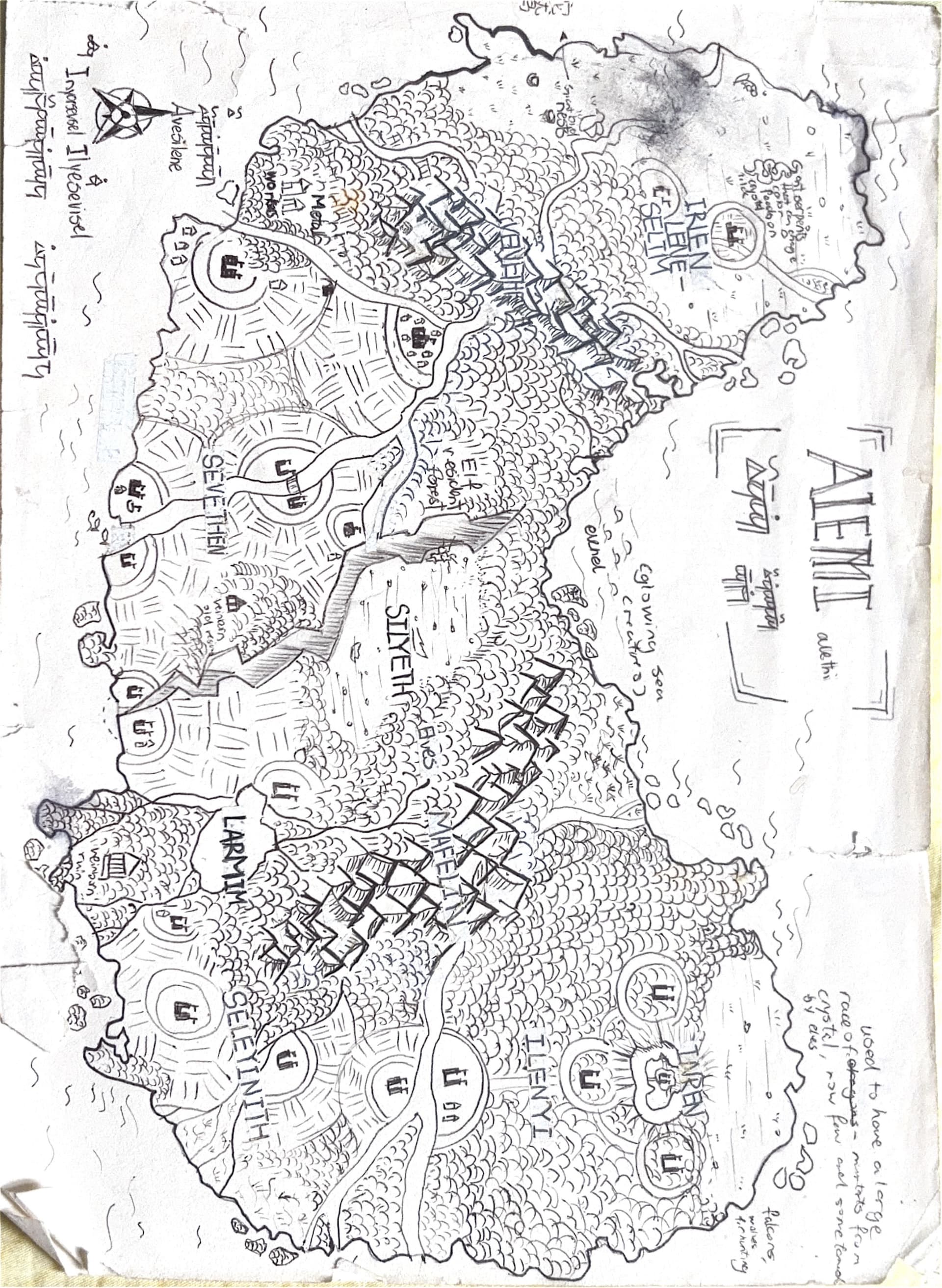Hand-inked map of Aiemi / Alethi with place names and lore notes