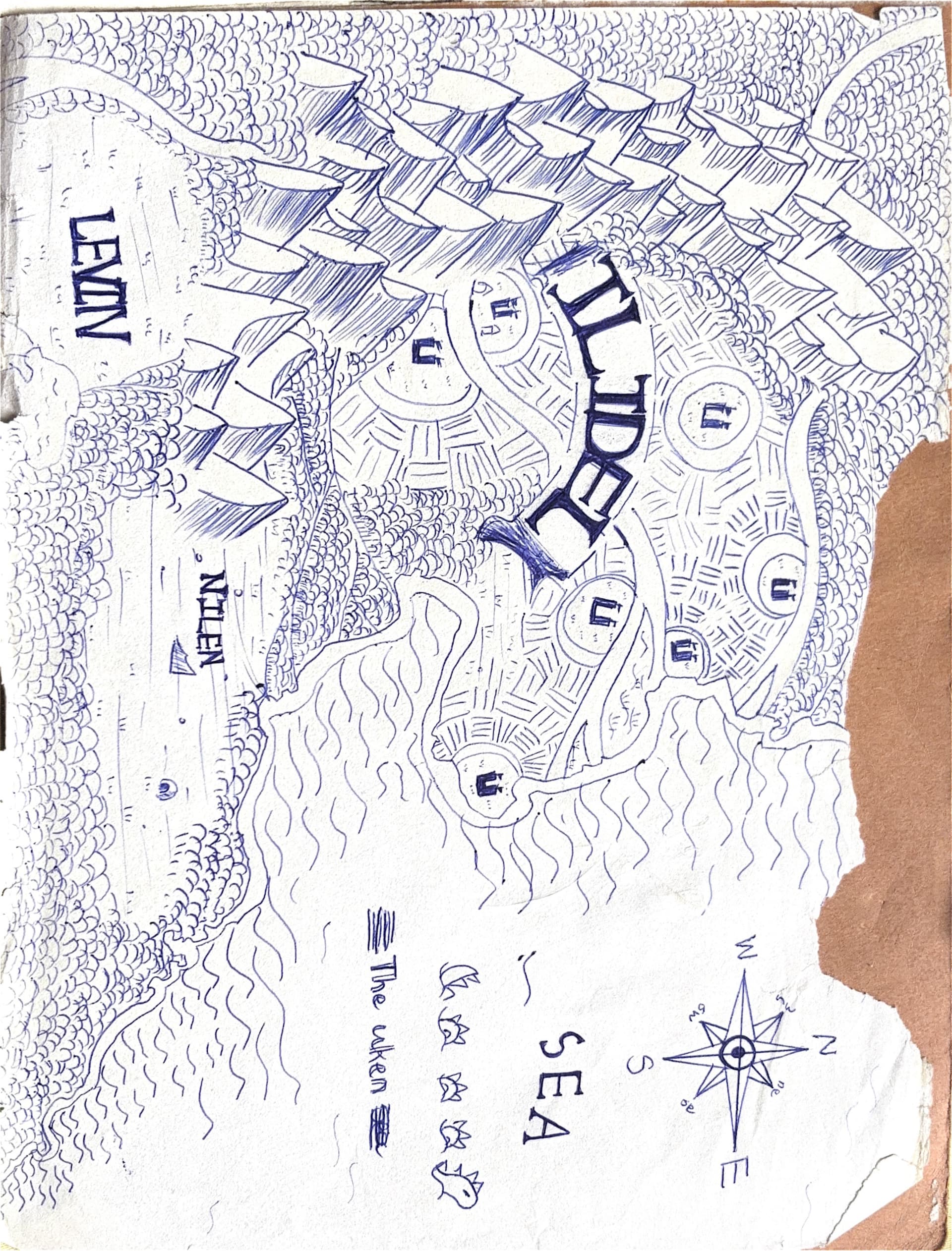 Blue-ink regional map with Tilidel, Levin, Nilen, and sea legend